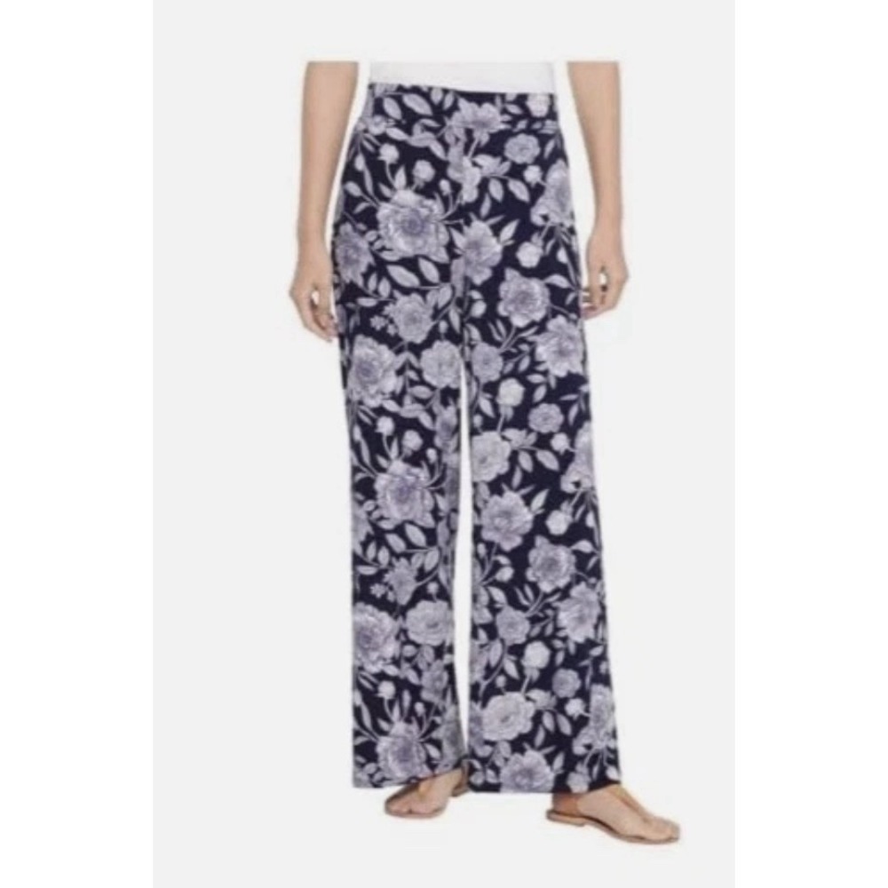 Three Dots Women's Wide Leg Pant w/Pockets Navy Sketched Peony Small NWT